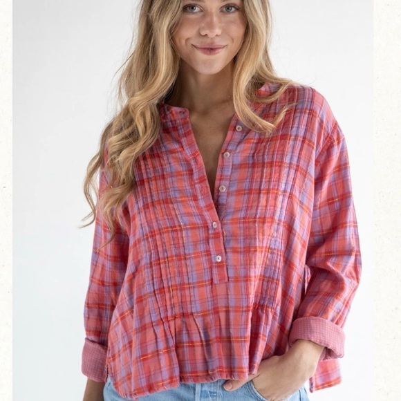 NATURAL LIFE Tops - Natural Life Montana Style Plaid Cotton Gauze Blouse Metallic Thread Boho Size M